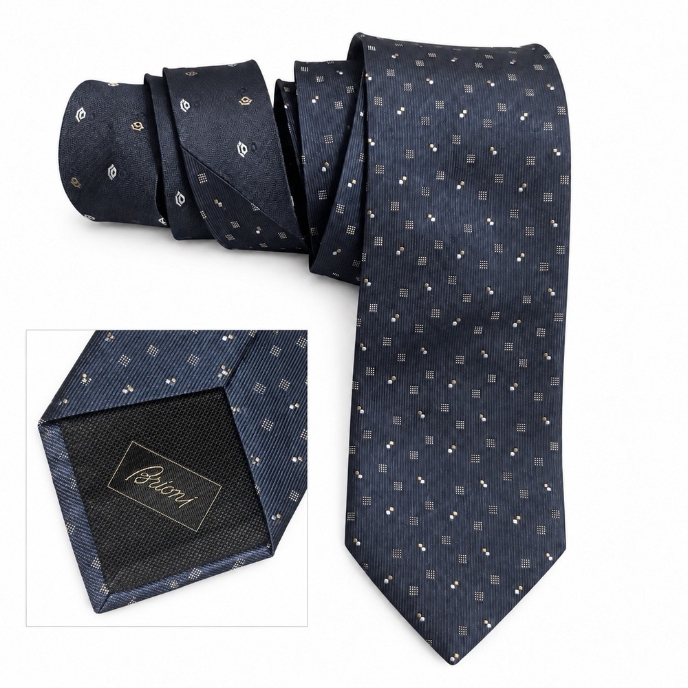 BRIONI Navy Textured 100% Silk Tie Printed Italy Made Luxury Designer Necktie